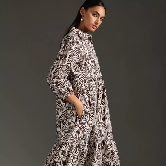 NWT Anthropologie Bettina Dress Shirt Buttondown Zebra Brown Small Petite - Picture 1 of 6